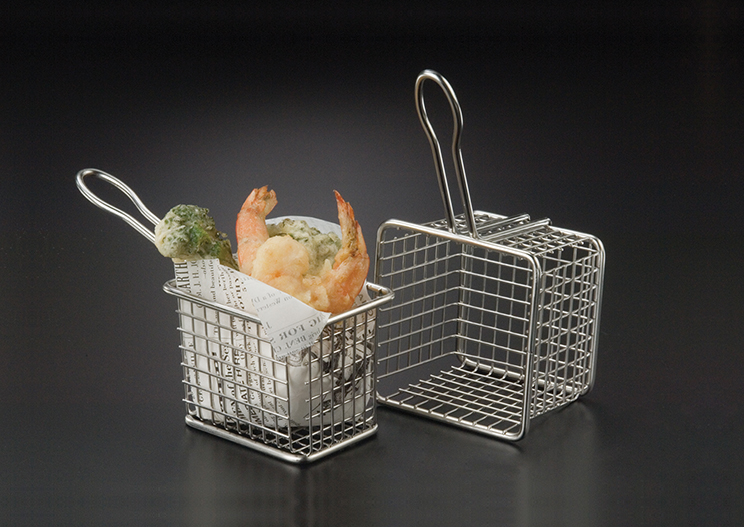 Cestino per friggere quadrato in acciaio inox. 10,2 x 10,2 cm