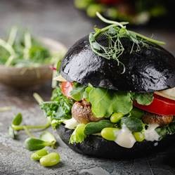 Pão de hambúrguer de brioche Preto Carvão vegetal Pão de brioche S/Seeds , pré-cortado. - 80 gr - 10,5 cm