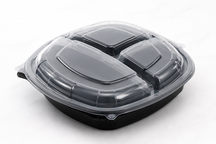Envase reutilizable PP negro cuadrado con tapa 25x26x7cm
