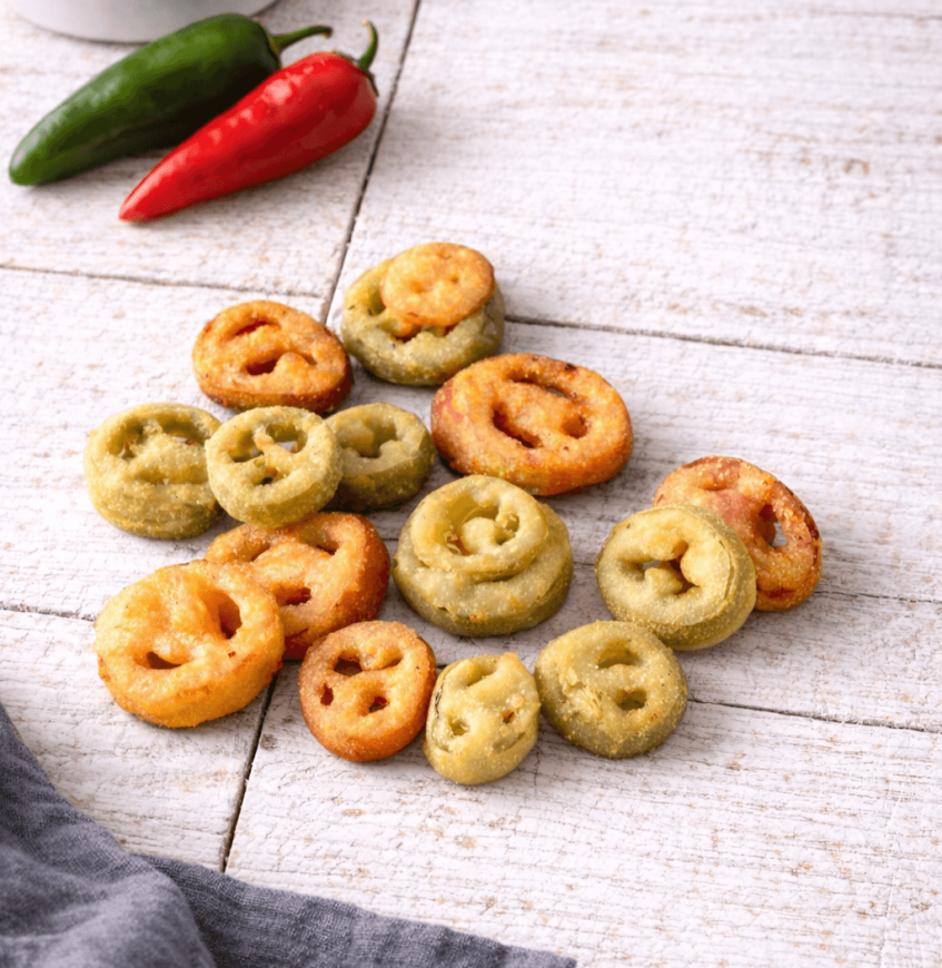 Pre-fried Battered Sliced Green and Red Jalapeño