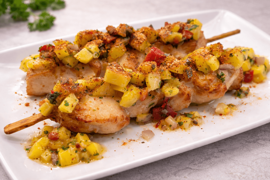 Brocheta de pollo con pico de gallo de mango y tajín